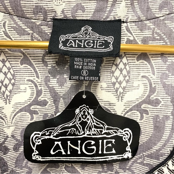 Angie Y2K Babydoll Tunic Top Size Small Black Ivory Tapestry Print Boho Cottage - Picture 11 of 12